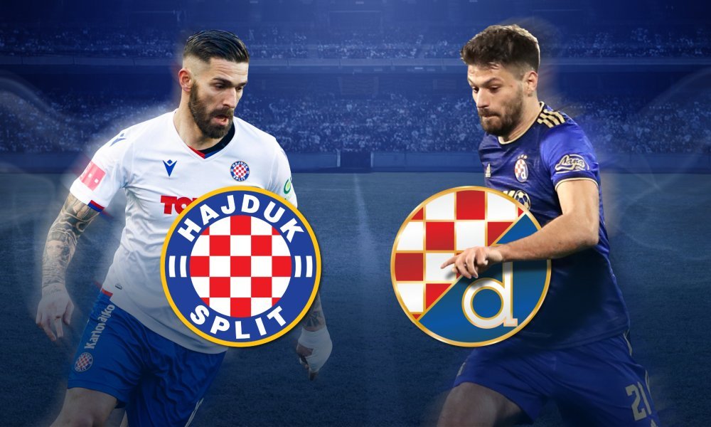 Grafika uz derbi Hajduka i Dinama – igrač u bijelom dresu Hajduka i igrač u plavom dresu Dinama, s grbovima oba kluba