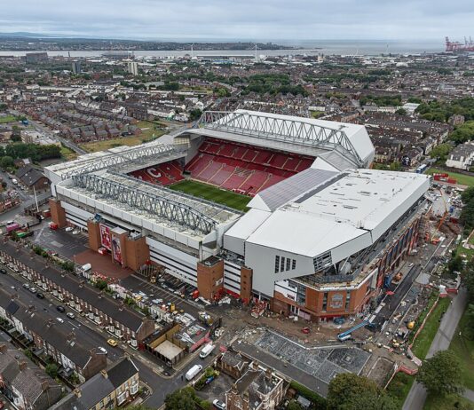 Liverpool – Man City prognoza: Anfield bez Isaka i Gakpa, a Haaland je zabio u svih pet utakmica Anfield, stadion Liverpoola, snimka iz zraka s novom tribinom Anfield Road