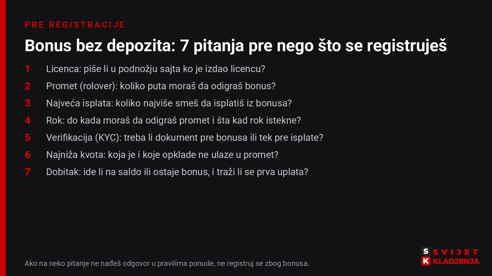 Bonus bez depozita: 7 pitanja pre registracije – licenca, rolover, najveća isplata, rok, verifikacija, najniža kvota i dobitak