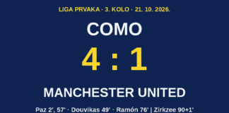 Como – Manchester United 4:1: Baturina blistao uz Nica Paza, Carrickov United sedam utakmica bez pobjede Grafika s rezultatom Como – Manchester United 4:1 i strijelcima: Paz 2. i 57., Douvikas 49., Ramón 76., Zirkzee 90+1.