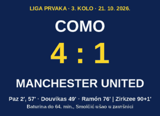 Como – Manchester United 4:1: Baturina blistao uz Nica Paza, Carrickov United sedam utakmica bez pobjede Grafika s rezultatom Como – Manchester United 4:1 i strijelcima: Paz 2. i 57., Douvikas 49., Ramón 76., Zirkzee 90+1.