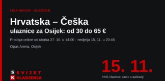 Hrvatska – Češka ulaznice: od 30 do 65 eura, prodaja za Osijek kreće u utorak u 14:00 Hrvatska – Češka u Osijeku 15. 11.: ulaznice od 30 do 65 eura, prodaja od 27. 10. u 14:00