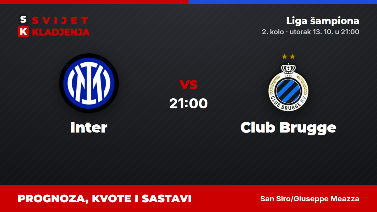 Grafika Inter – Club Brugge, Liga prvaka, 2. kolo, utorak 13. listopada u 21:00