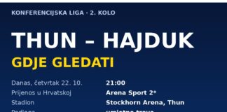 Thun – Hajduk gdje gledati: prijenos na Arena Sport 2 u 21:00, Hodak ne putuje Grafika: Thun – Hajduk, Konferencijska liga, četvrtak 22. listopada u 21:00, prijenos Arena Sport 2, Stockhorn Arena