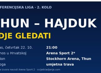 Thun – Hajduk gdje gledati: prijenos na Arena Sport 2 u 21:00, Hodak ne putuje Grafika: Thun – Hajduk, Konferencijska liga, četvrtak 22. listopada u 21:00, prijenos Arena Sport 2, Stockhorn Arena